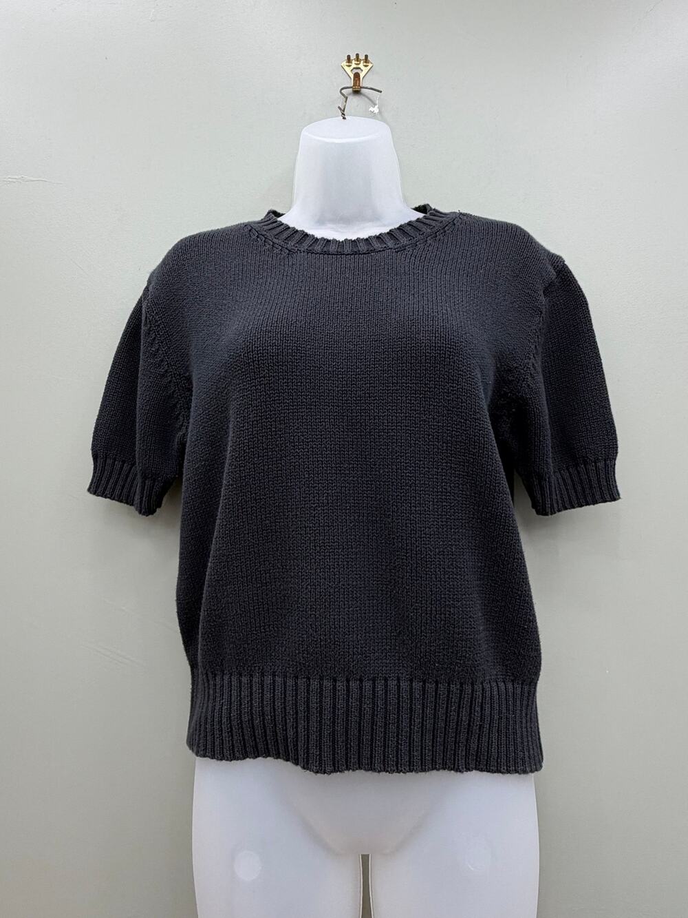 Pierre Cardin Sweater M 100% Cotton Charcoal Short Sleeve Knit Quiet Luxury
